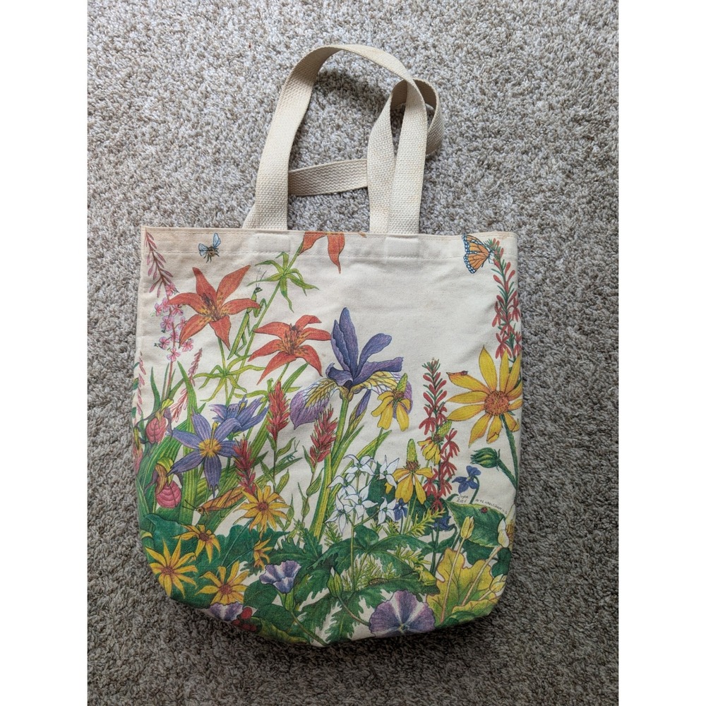 Harlequin Mills Canvas Tote Bag Women's Cream Joyce Reed Floral Print 1992 Art - Picture 2 of 9